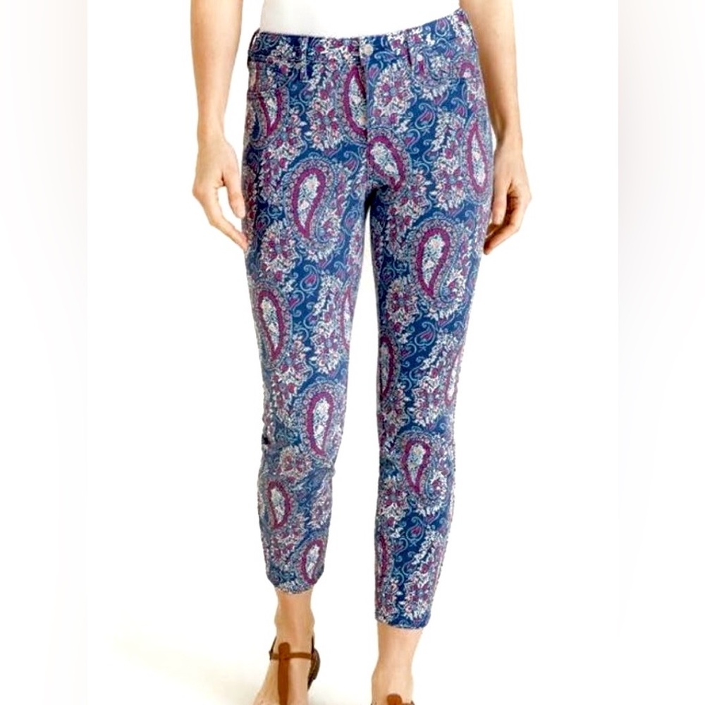 Boho Jeans CHICO’S NYDJ Floral MYKONOS PAISLEY SKINNY ANKLE Blue Red Pink Size 6